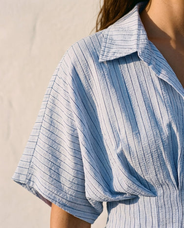 Blue striped Lori top, collar and sleeve close-up – Moriel Heritage