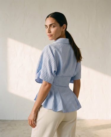Blue striped Lori top on model, back view – Moriel Heritage