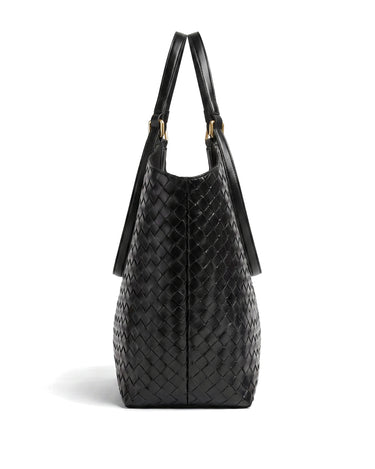 The Lucca Woven Tote in black, side profile view showing the tapered base