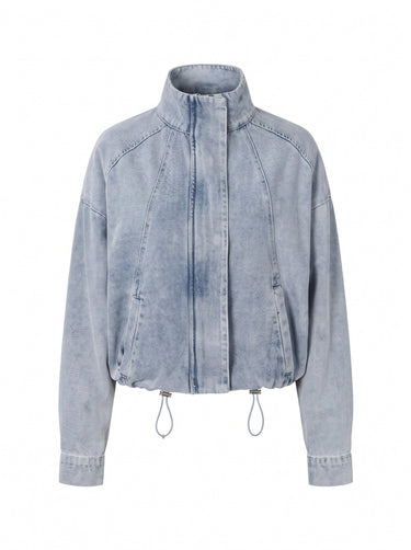 Marbella Denim Jacket — cropped light-wash denim jacket with stand collar and drawcord hem, flat lay