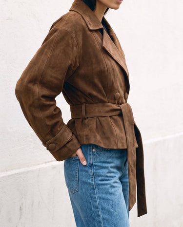 Side view of the dark brown Margot Tie-waist Coat showing the tie belt and hip-length hem
