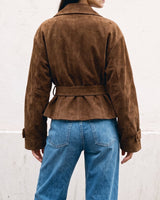 Back view of the dark brown Margot Tie-waist Coat showing the belted waist and dropped shoulders