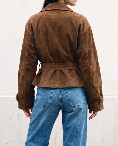Back view of the dark brown Margot Tie-waist Coat showing the belted waist and dropped shoulders