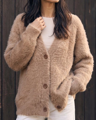 Maribel Knit Cardigan in khaki — front three-quarter view on model
