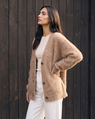Maribel Knit Cardigan in khaki — side view on model