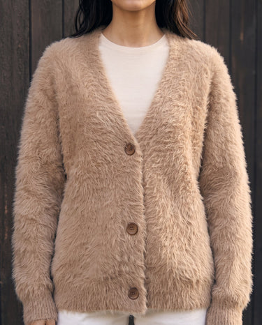 Maribel Knit Cardigan in khaki — close-up of the V-neckline and button front