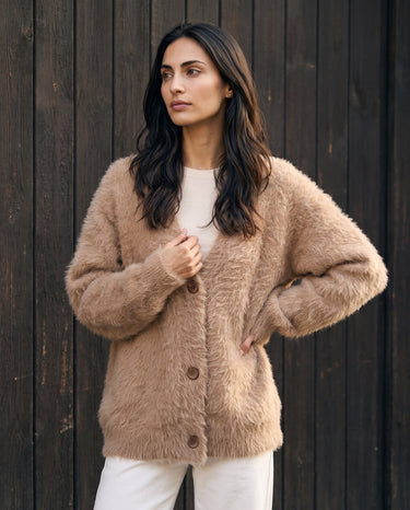 Maribel Knit Cardigan in khaki — front view on model