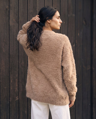 Maribel Knit Cardigan in khaki — back view on model