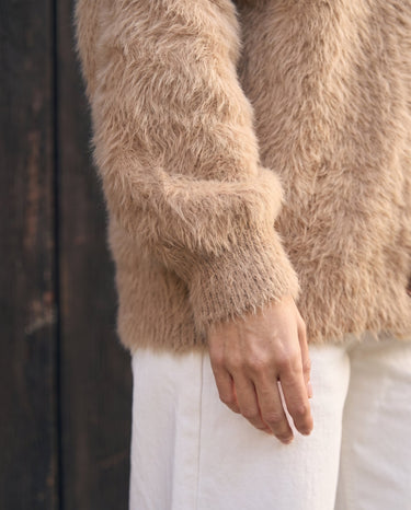 Maribel Knit Cardigan in khaki — close-up of the sleeve and brushed knit texture