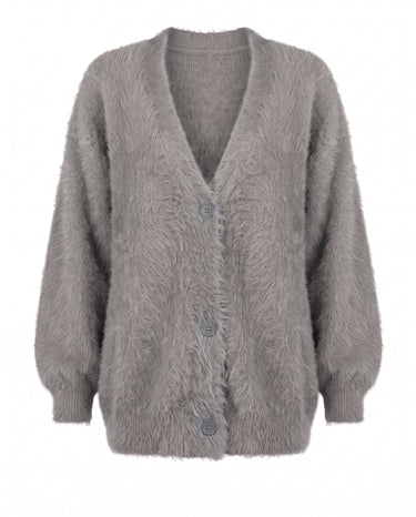 Maribel Knit Cardigan in gray — oversized brushed knit V-neck button-front cardigan, product flat-lay