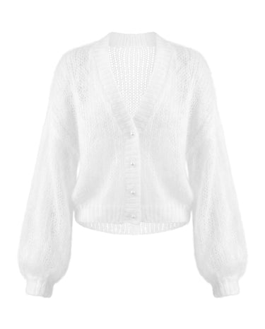 Marisol Knit Cardigan in white — sheer brushed open-knit cardigan with pearl buttons and balloon sleeves, flat lay
