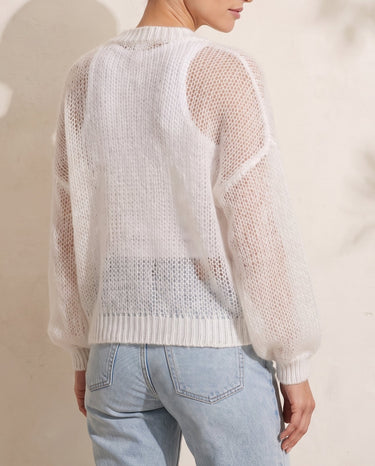 Marisol Knit Cardigan in white — back view on model showing the airy honeycomb knit