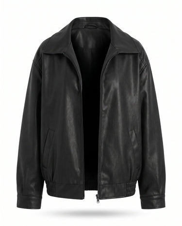 Marseille Faux Leather Jacket in black, flat lay front view with spread collar, zip front and elasticated hem