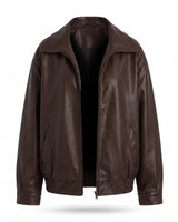 Marseille Faux Leather Jacket in brown, flat lay front view with spread collar and zip front