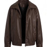 Marseille Faux Leather Jacket in brown, flat lay front view with spread collar and zip front