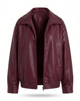 Marseille Faux Leather Jacket in burgundy, flat lay front view with spread collar and zip front