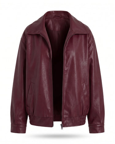 Marseille Faux Leather Jacket in burgundy, flat lay front view with spread collar and zip front