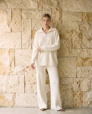 Off White knit set on model, front view – Moriel Heritage
