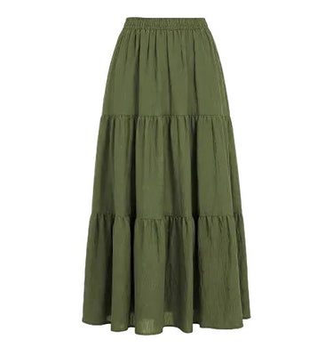 The Noemi A-Line Skirt in green — olive tiered A-line maxi skirt with elastic waist, product flat-lay