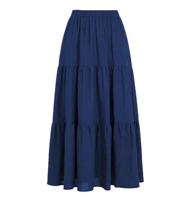 The Noemi A-Line Skirt in blue — tiered A-line maxi skirt with elastic waist, product flat-lay
