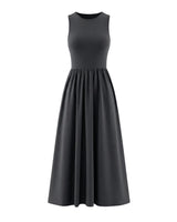 Noir Everyday Sleeveless Dress in black — crew-neck fitted-bodice gathered maxi dress, product flat-lay