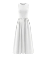 Noir Everyday Sleeveless Dress in white — crew-neck fitted-bodice gathered maxi dress, product flat-lay