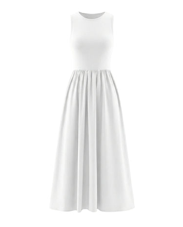 Noir Everyday Sleeveless Dress in white — crew-neck fitted-bodice gathered maxi dress, product flat-lay