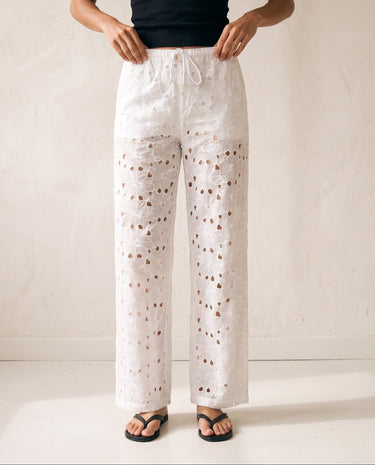 Noire Embroidered Straight Leg Pants in white — embroidered straight-leg trousers, front view on model