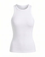 White ribbed cotton tank top with high round neck, flat lay on white – Moriel Heritage