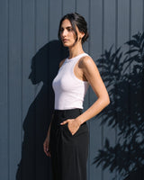 Side view of the white ribbed cotton tank showing the high armhole – Moriel Heritage