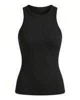 Black ribbed cotton tank top with high round neck, flat lay on white – Moriel Heritage