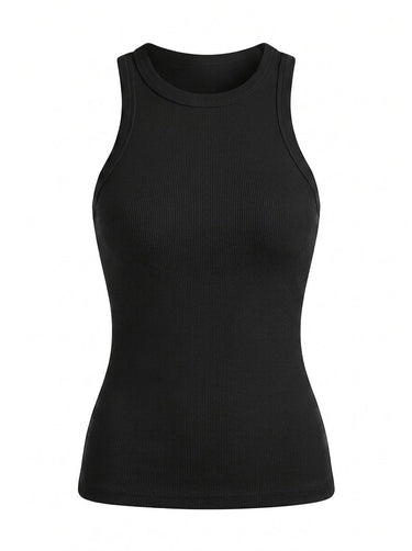 Black ribbed cotton tank top with high round neck, flat lay on white – Moriel Heritage