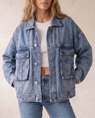 Oakley Denim Jacket in blue — oversized denim jacket, front view on model