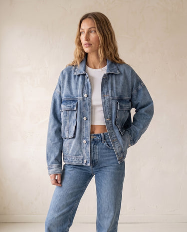 Oakley Denim Jacket in blue — classic denim jacket, three-quarter front view on model