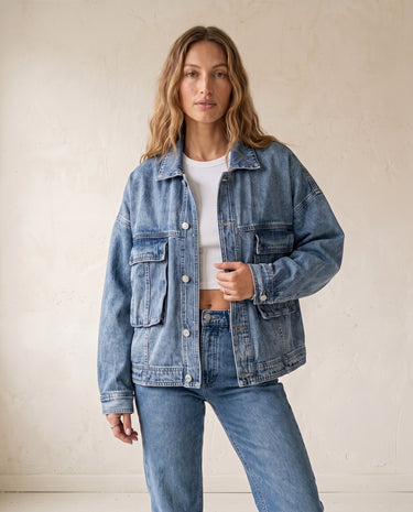 Oakley Denim Jacket in blue — oversized denim jacket, front styling view on model