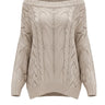 The Off Shoulder Cable Knit Sweater in khaki — off-shoulder cable-knit sweater with relaxed silhouette, product flat-lay