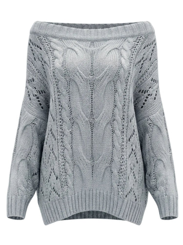The Off Shoulder Cable Knit Sweater in gray — off-shoulder cable-knit sweater with relaxed silhouette, product flat-lay