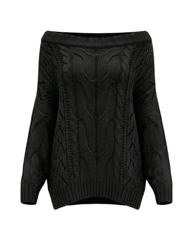 The Off Shoulder Cable Knit Sweater in black — off-shoulder cable-knit sweater with relaxed silhouette, product flat-lay