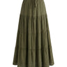 Olivia A-Line Skirt in sage green — high-waisted tiered maxi skirt with drawstring waist, product flat-lay
