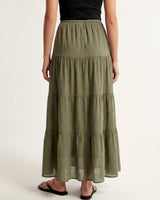 Olivia A-Line Skirt in sage green — tiered maxi skirt, back view on model