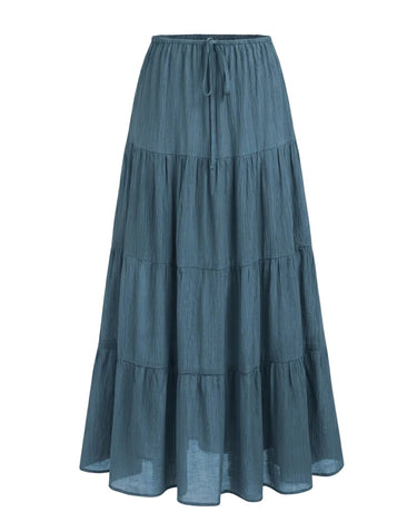Olivia A-Line Skirt in blue — high-waisted tiered maxi skirt with drawstring waist, product flat-lay
