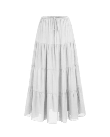 Olivia A-Line Skirt in white — high-waisted tiered maxi skirt with drawstring waist, product flat-lay