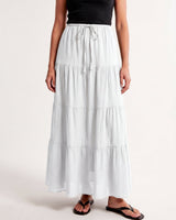 Olivia A-Line Skirt in white — tiered maxi skirt, front view on model