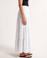 Olivia A-Line Skirt in white — tiered maxi skirt, side view on model