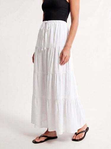 Olivia A-Line Skirt in white — tiered maxi skirt, front view on model