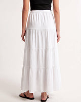 Olivia A-Line Skirt in white — tiered maxi skirt, back view on model