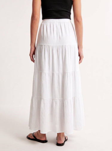 Olivia A-Line Skirt in white — tiered maxi skirt, back view on model