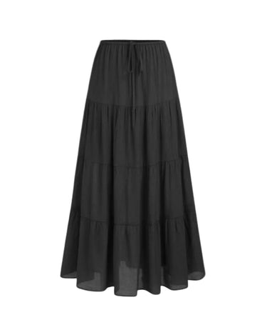 Olivia A-Line Skirt in black — high-waisted tiered maxi skirt with drawstring waist, product flat-lay