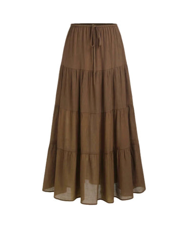 Olivia A-Line Skirt in brown — high-waisted tiered maxi skirt with drawstring waist, product flat-lay