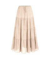 Olivia A-Line Skirt in beige — high-waisted tiered maxi skirt with drawstring waist, product flat-lay